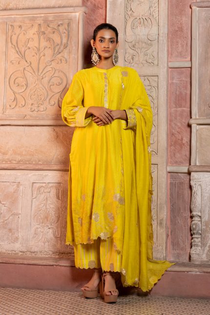 Yellow Pola Dot Kurta Set