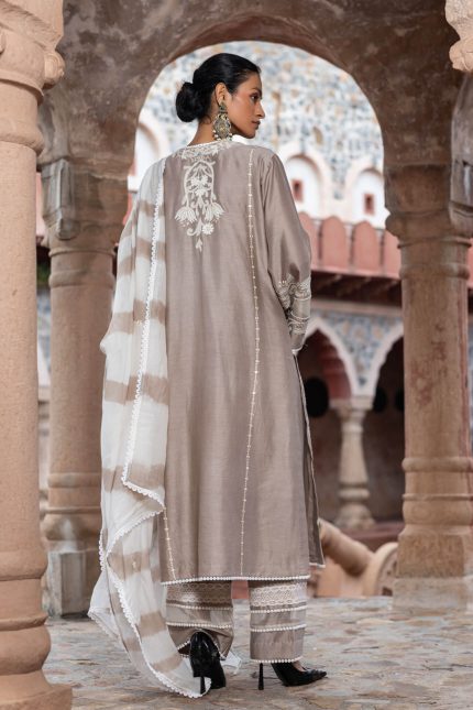 Champagne Chanderi Embroidered Kurta Set