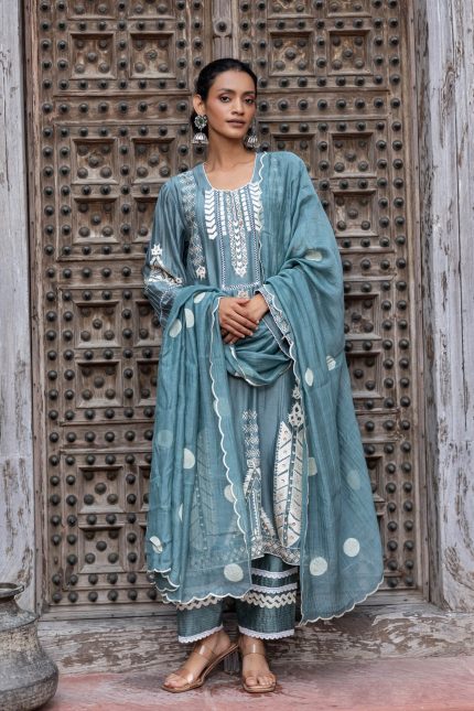 Teal Grey Thread & Applique Kurta Set