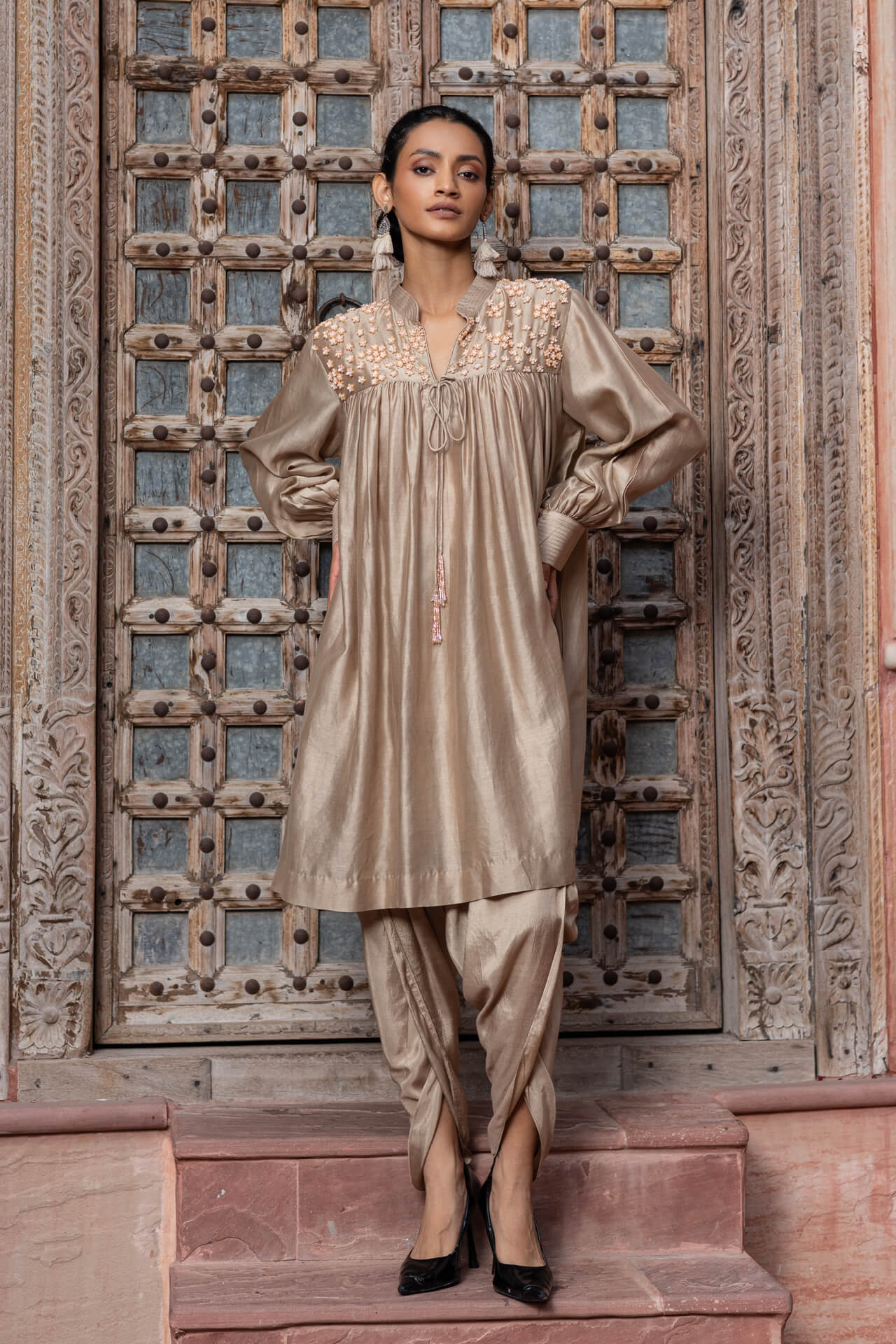 Beige Chanderi Silk Tunic Set 1 Beige Chanderi Silk Tunic Set