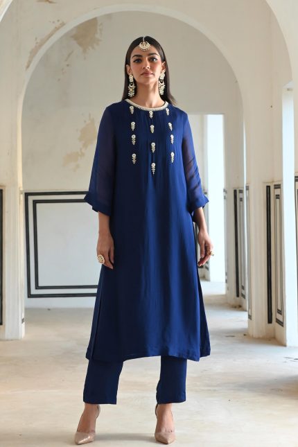 Royal Blue Floral Butti Tunic Set