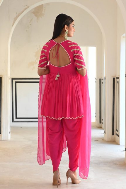 Rose Pink Butti Embroidered Dhoti Set