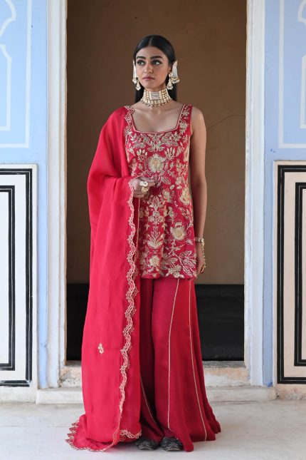Red Floral Jaal Embroidered Pallazo Set