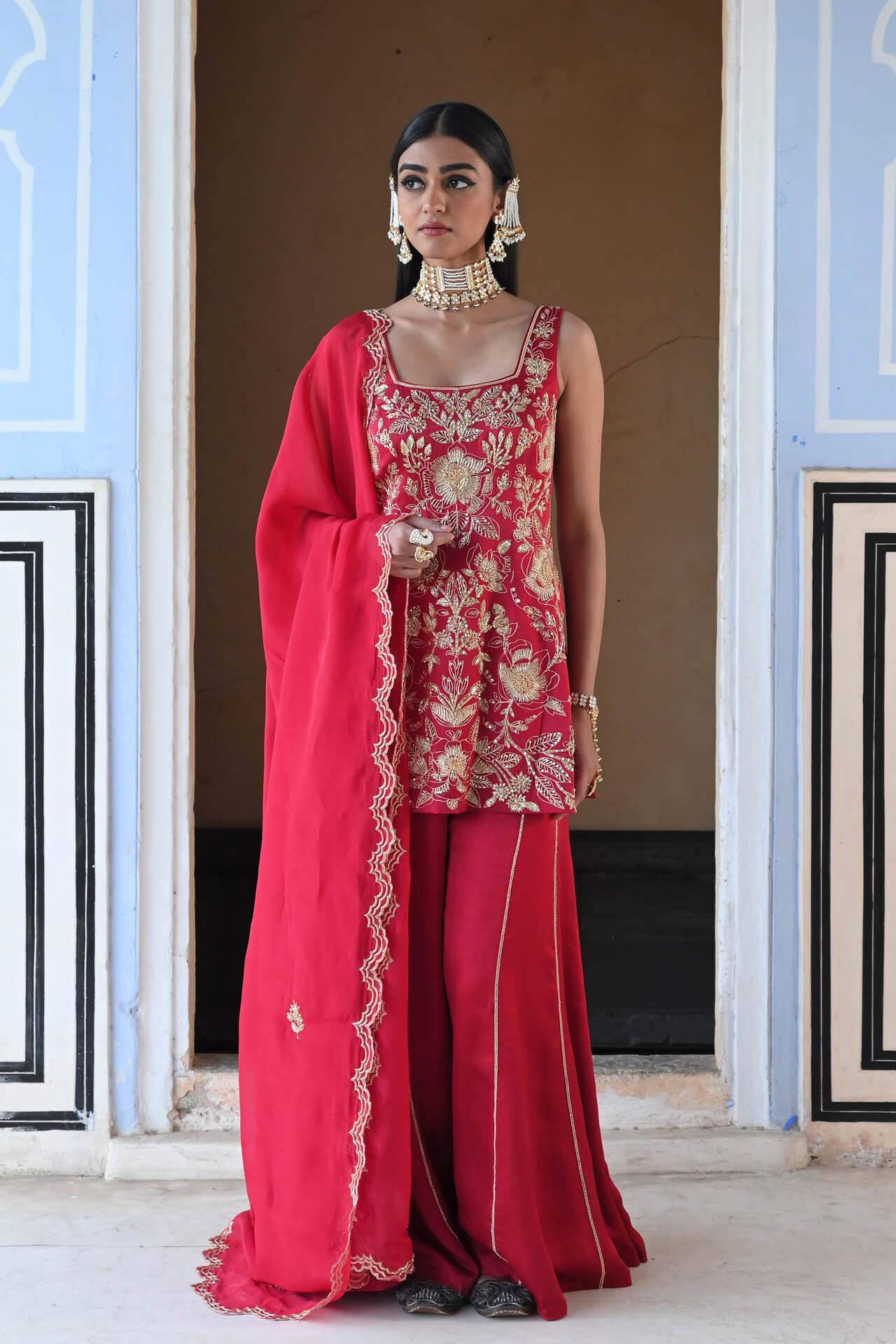 Red Floral Jaal Embroidered Pallazo Set 1 Red Floral Jaal Embroidered Pallazo Set
