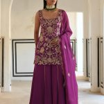 Purple Floral Jaal Embroidered Pallazo Set