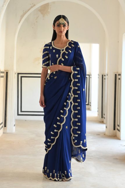 Royal Blue Scallop Embroidered Saree Set