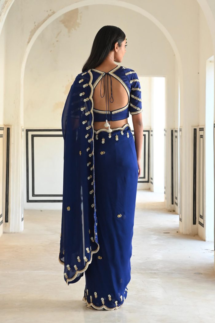 Royal Blue Scallop Embroidered Saree Set