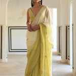 Ivory-olive Floral Butti Embroidered Saree Set