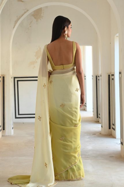 Ivory-olive Floral Butti Embroidered Saree Set