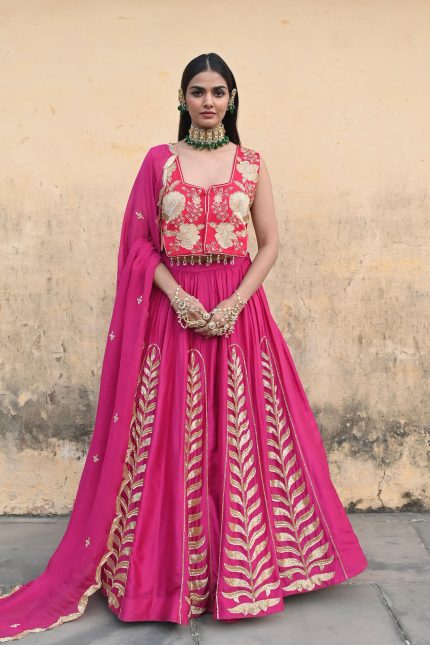 Fucsia Leaf Embroidered Lehenga Set