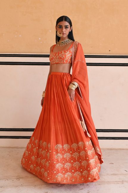 Orange Floral Jaal Embroidered Lehenga Set