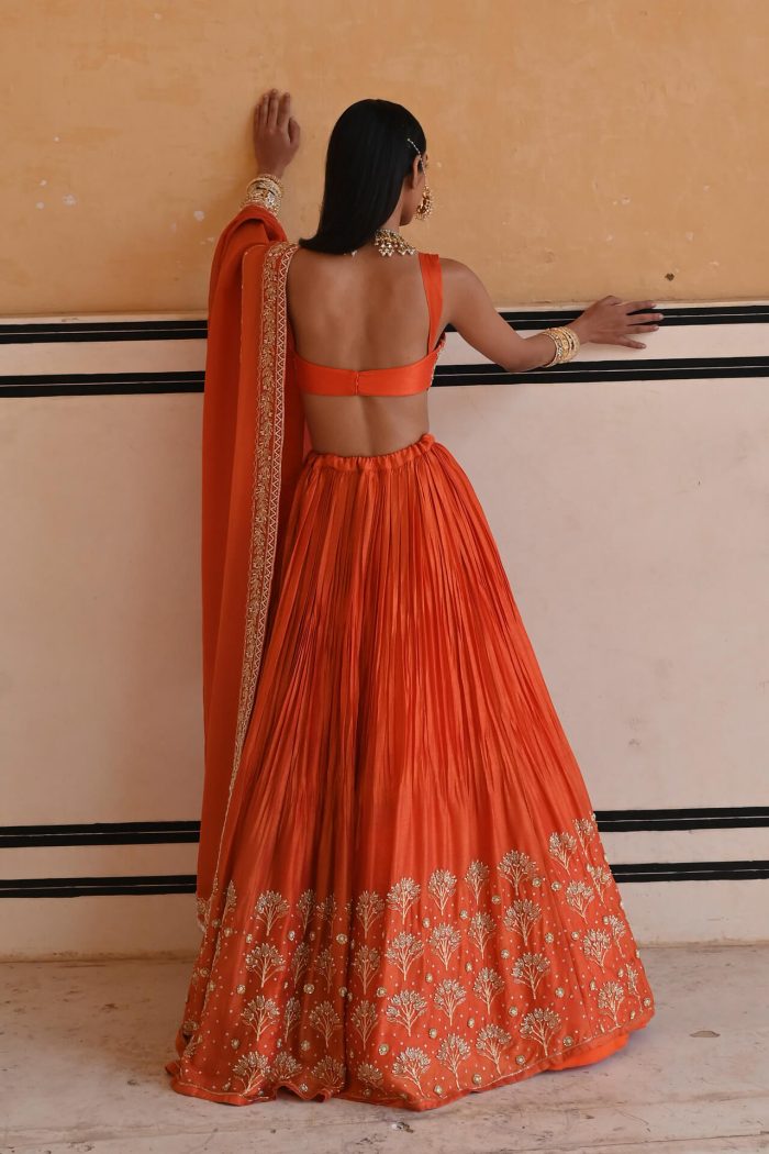 Orange Floral Jaal Embroidered Lehenga Set