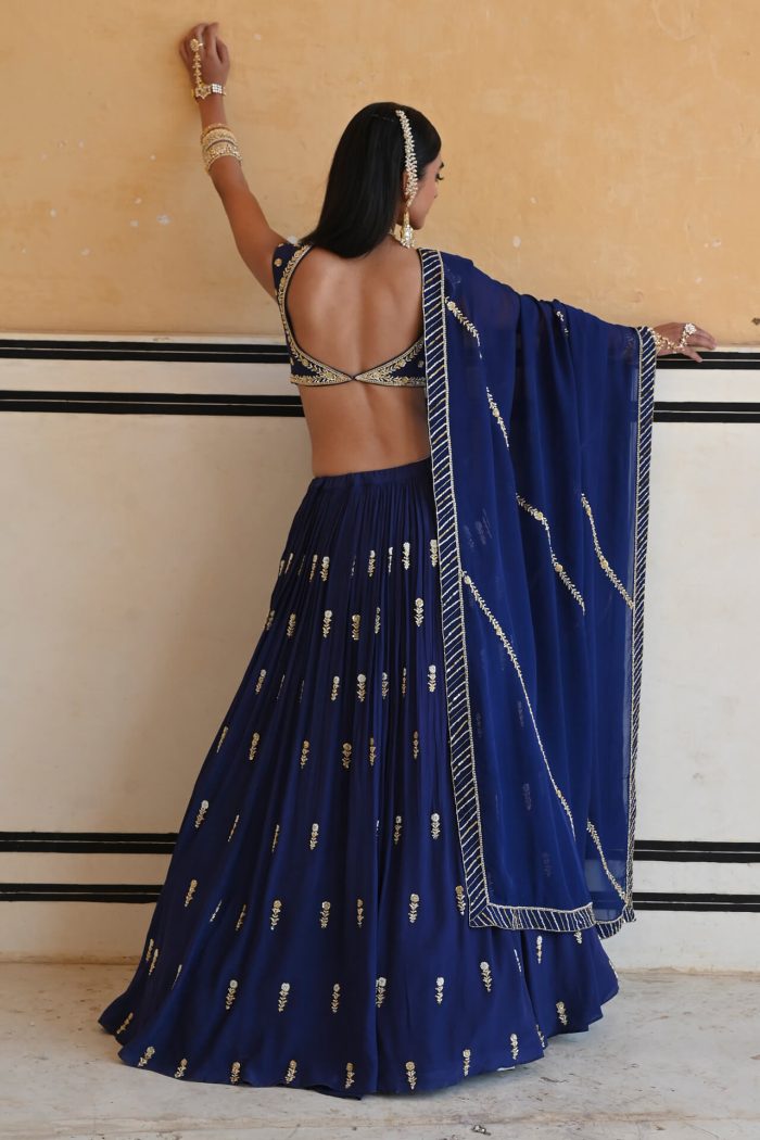 Royal Blue Floral Jaal Embroidered Lehenga Set