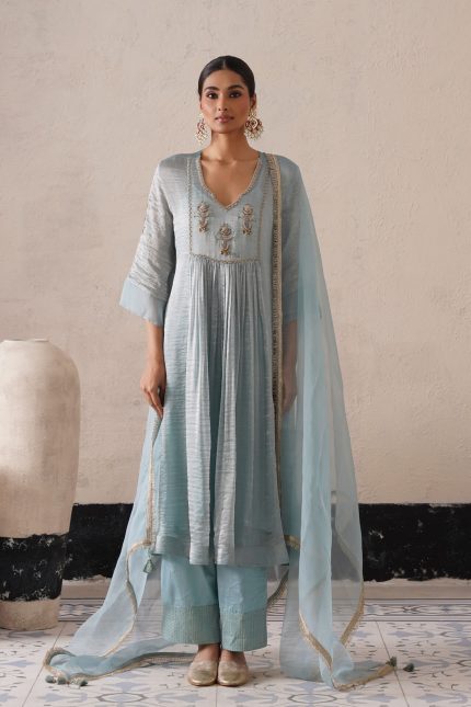Powder Blue Gathered Kurta Set