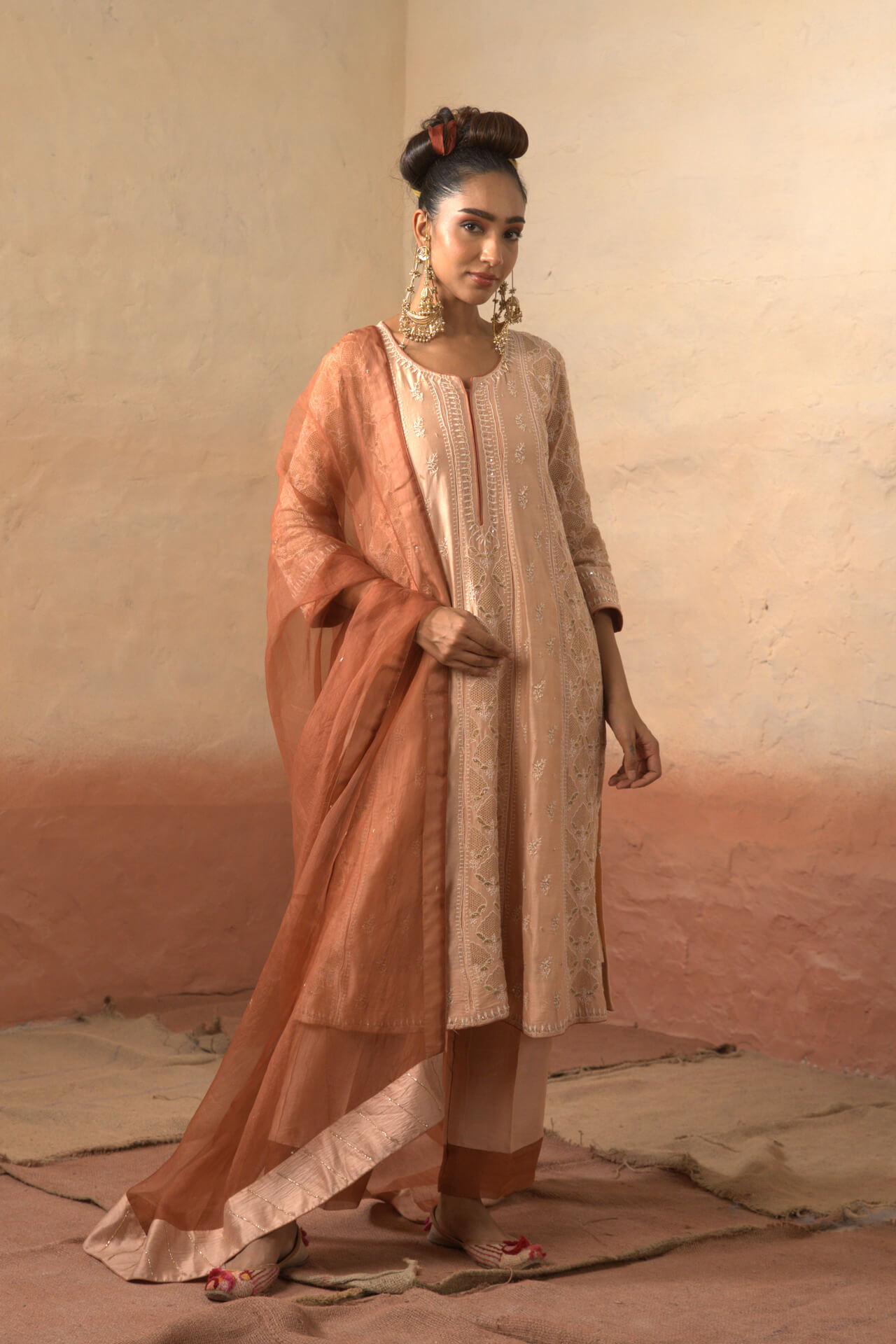 Salmon Pink Thread Embroidered Kalidar Suit Set