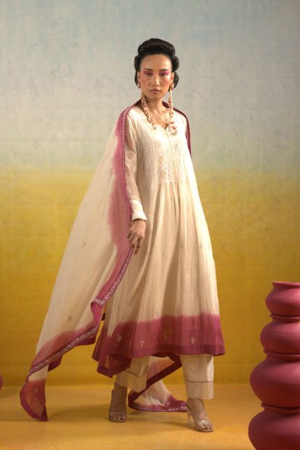 White Chikankari And Jaali Embroidered Suit Set