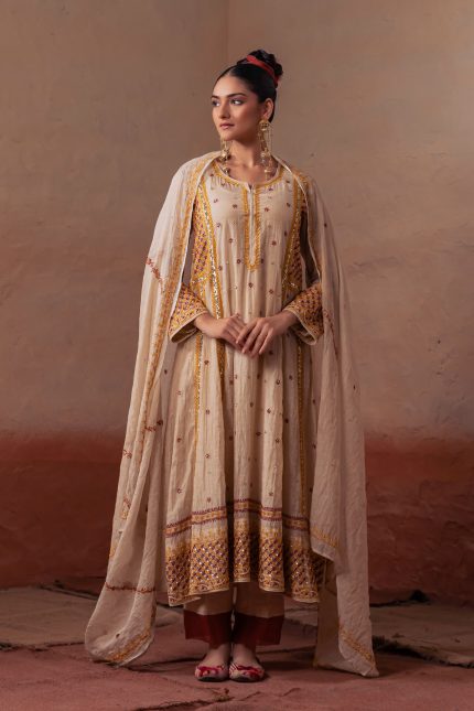 Gold Chikankari Threadwork Anarkali Set