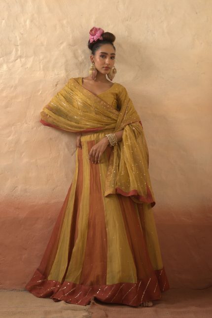 Mustard Mukaish Embroidered Lehenga Set