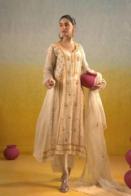 Ivory Chikankari Threadwork Embroidered Suit Set