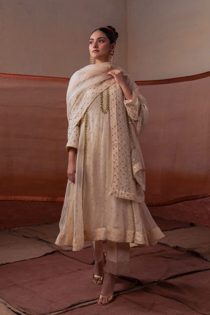 Ivory Chikankari And Mukaish Embroidered Suit Set