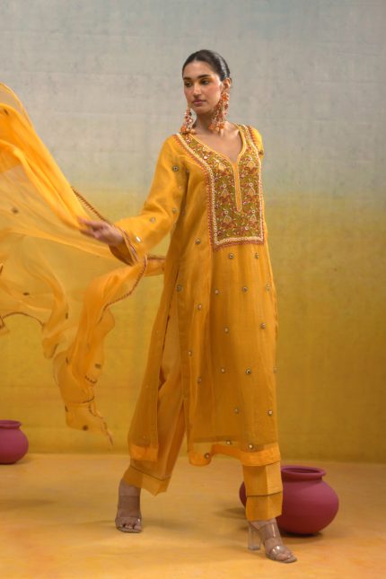 Yellow Chikankari Embroidered Suit Set