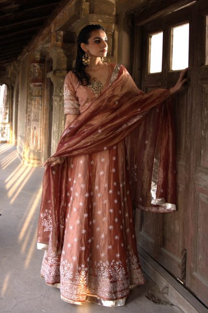 Rose Gold Chikankari And Mukaish Embroidered Lehenga Set
