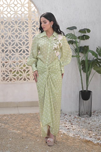 Floral Bandhani Shirt With Knot Skirt Set