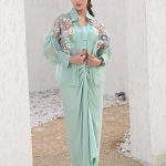 Sea Blue Florium Shirt With Knot Skirt Set