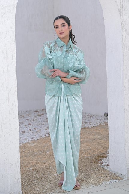 Floris Bandhani Shirt With Pleated Skirt Set