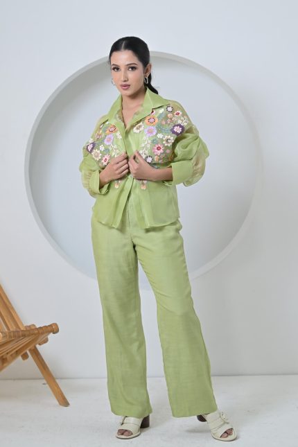 Lime Florium Shirt With Pant Set