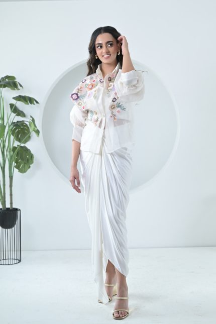 Ivory Florium Shirt With Pleated Skirt Set