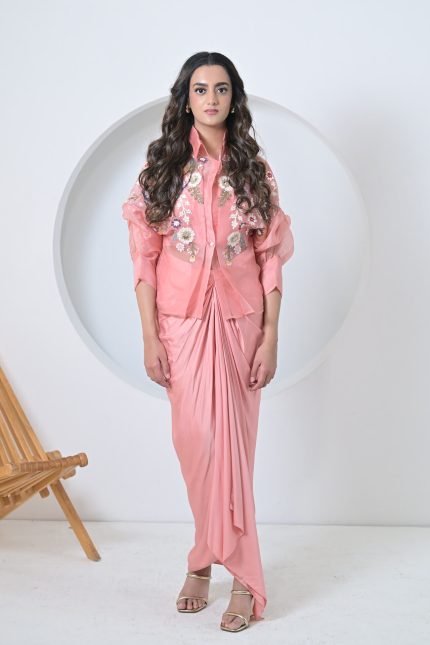 Blush Florium Shirt With Pleated Skirt Set