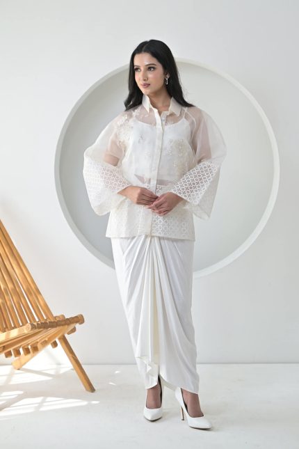 Pearl Petal Jaali Shirt With Knot Skirt Set