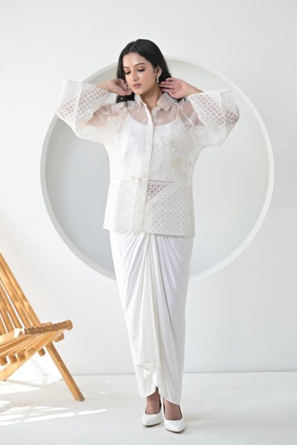 Pearl Petal Jaali Shirt With Knot Skirt Set