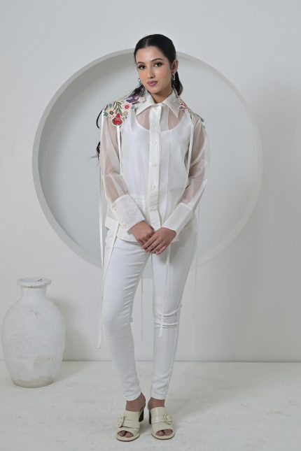 Botanical Small Flower Shoulder Embellishment Shirt