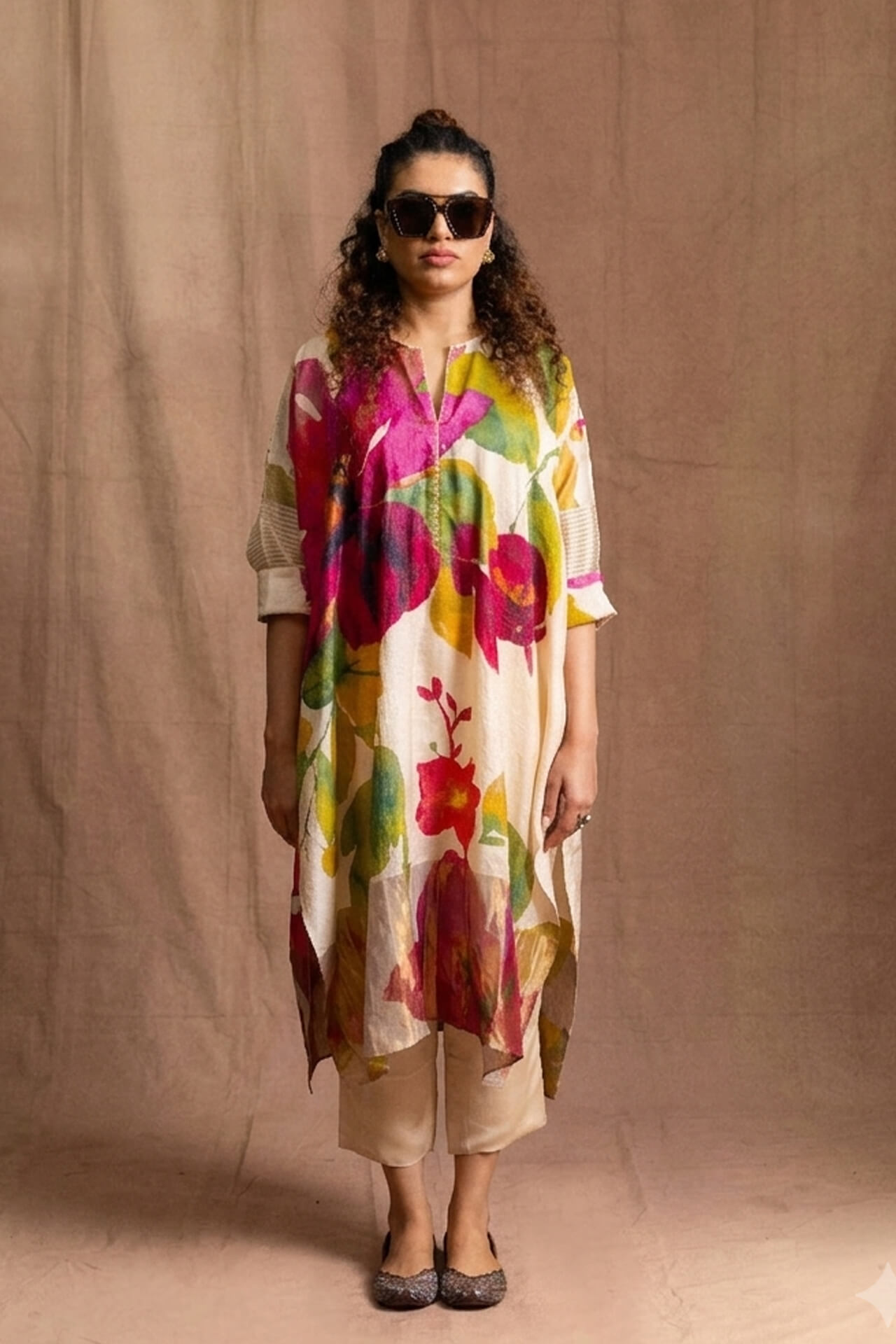 White FLoral Tussar Tunic Set 1 White FLoral Tussar Tunic Set