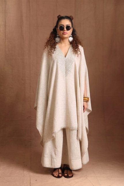V Neck Khaki Linen Cape Set