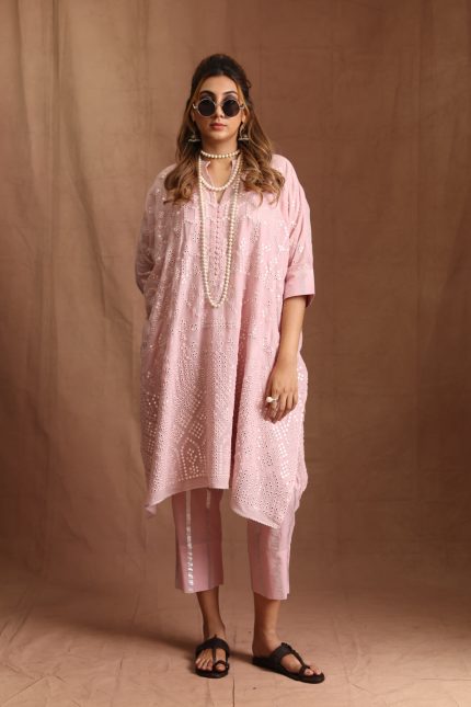 Dusty Pink Mulmul Mirror Kaftan Set
