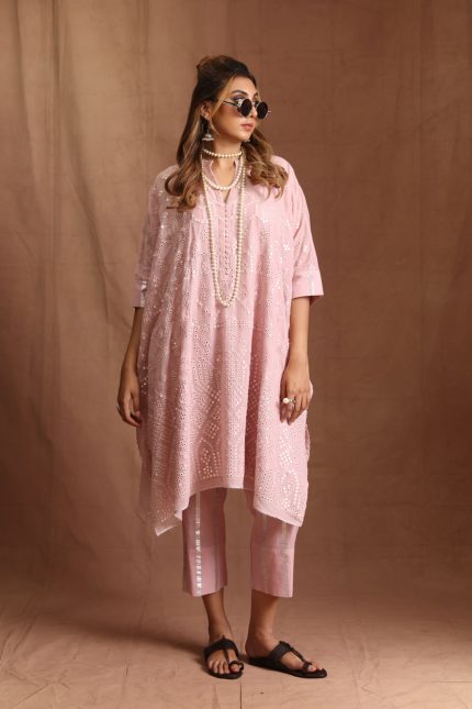 Dusty Pink Mulmul Mirror Kaftan Set