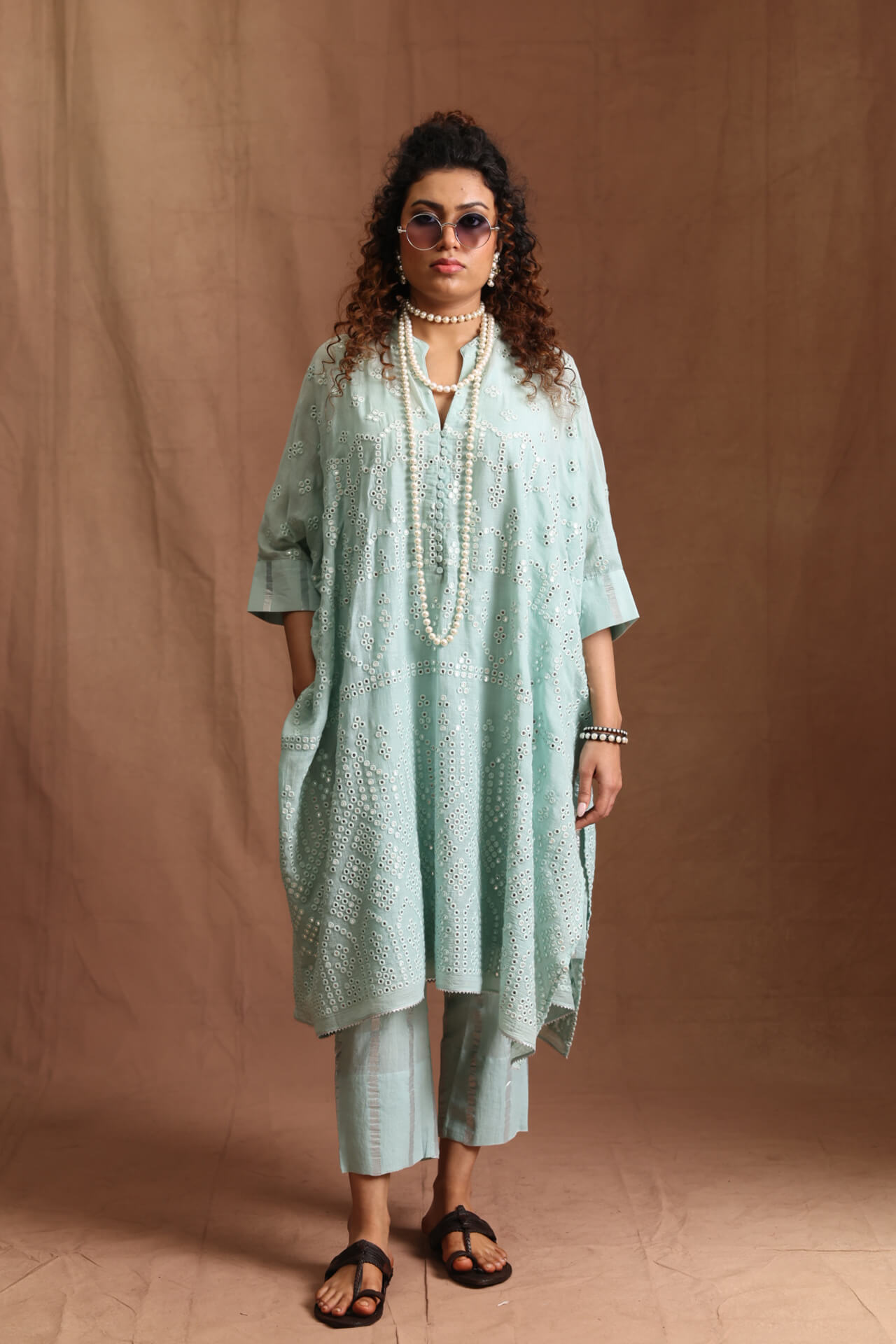 Powder Blue Mulmul Mirror Kaftan Set 1 Powder Blue Mulmul Mirror Kaftan Set
