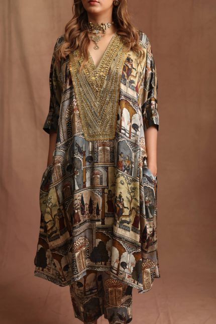 V Neck Moghul Miniature Tunic Set