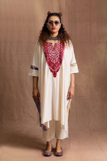 Organic Handwoven Red Yoke Kaftan Set