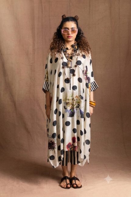 White Polka Dot With Flora Print Tunic Set