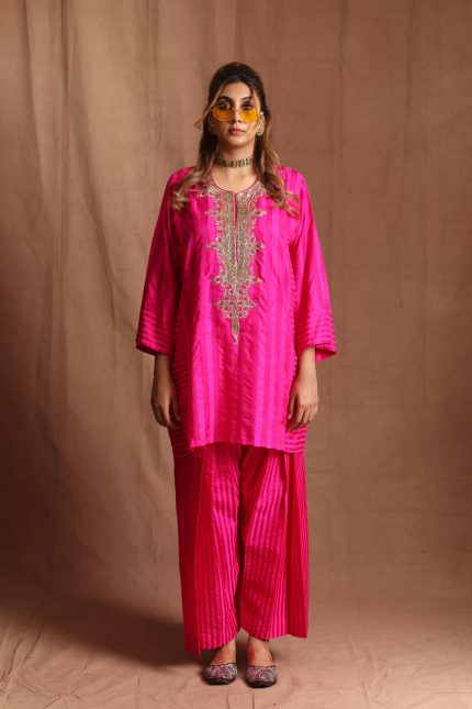 Pink & Pink Silk Striped Farshi