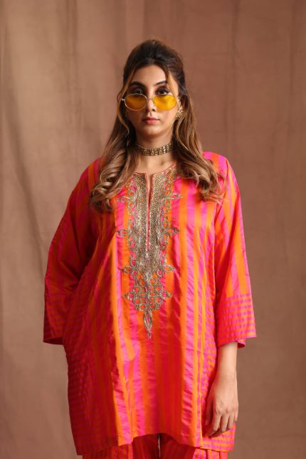 Pink & Orange Silk Striped Farshi