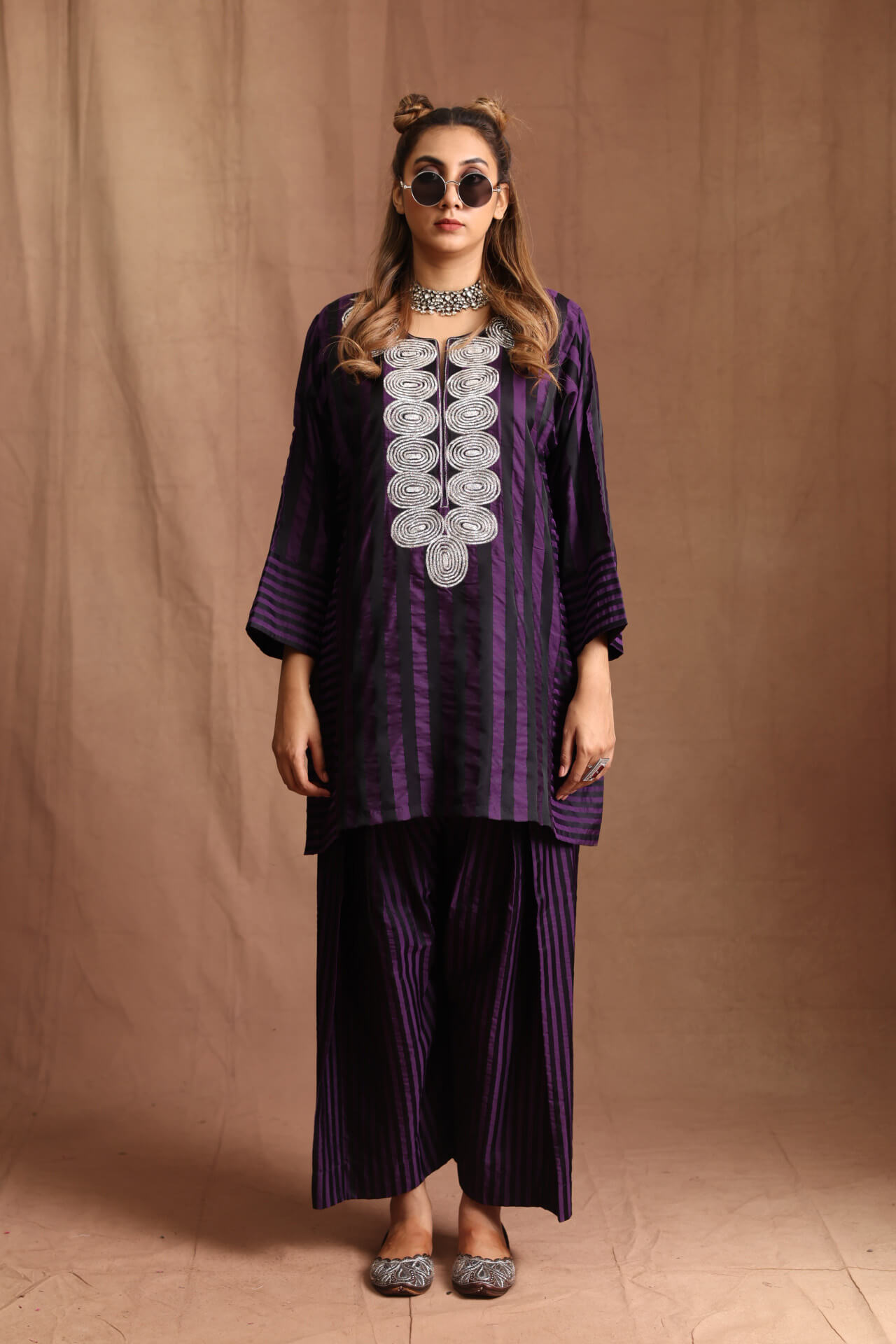 Aubergine & Black Silk Striped Farshi 1 Aubergine & Black Silk Striped Farshi