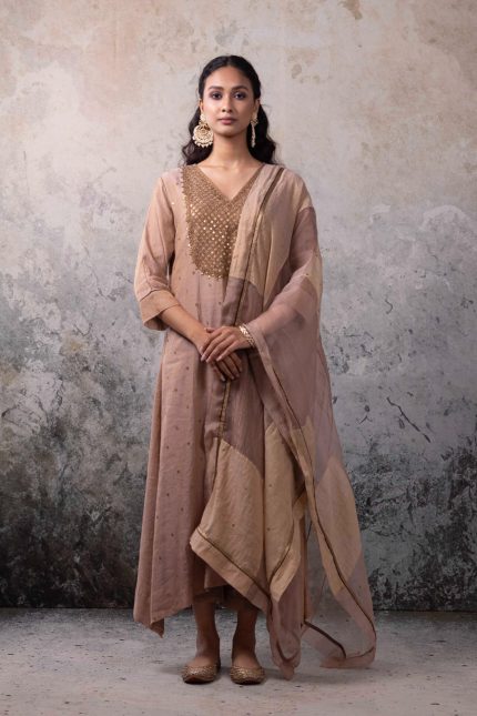 Beige V Neck Yoke Embroidered Suit Set