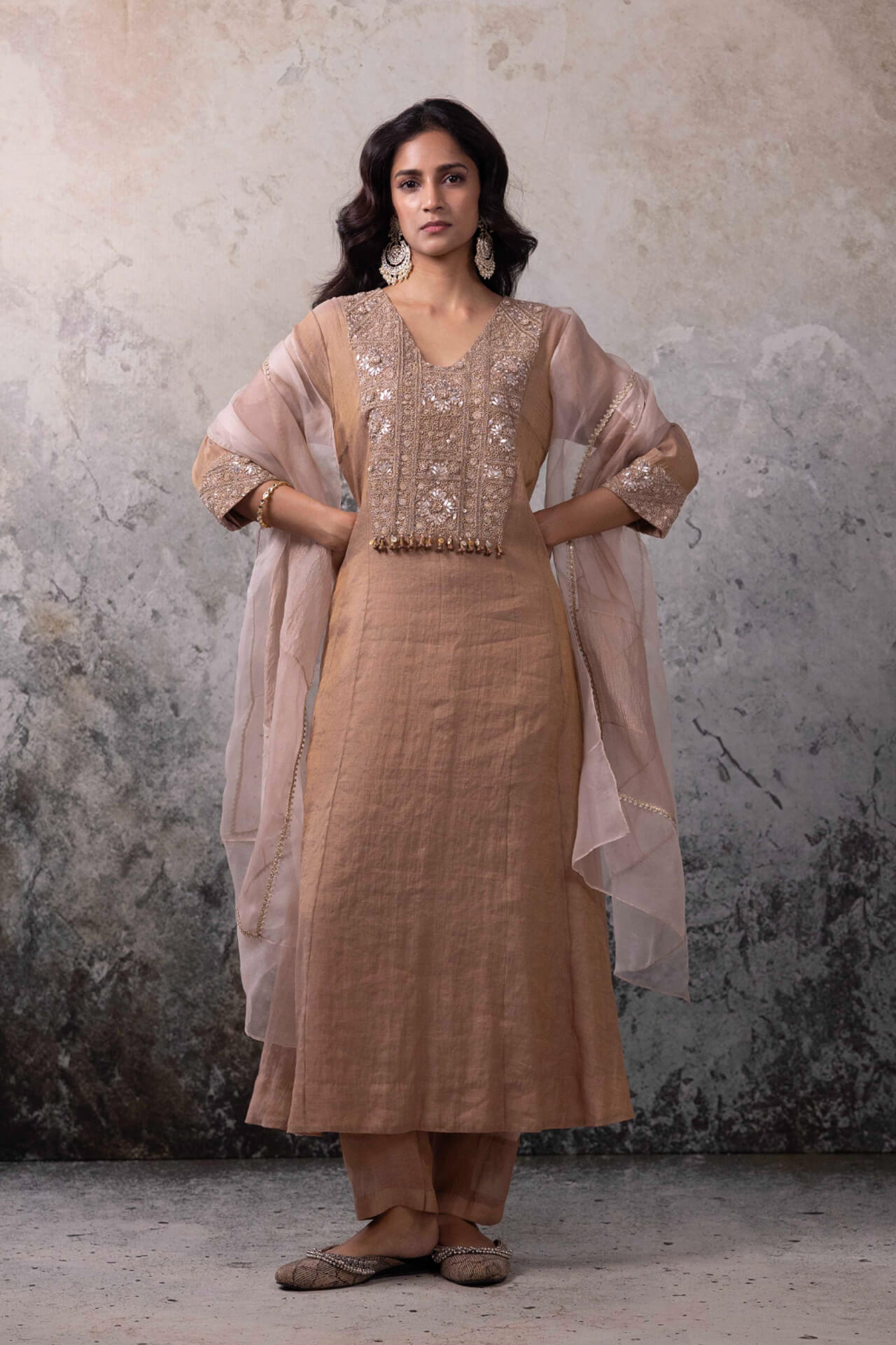 Beige Chanderi Tissue Suit Set