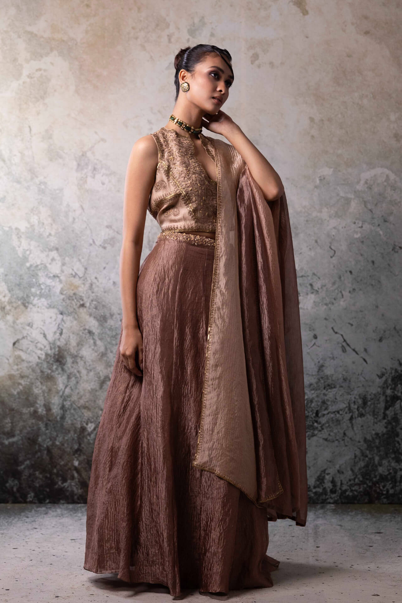 Beige Crushes Tissue Lehenga Set