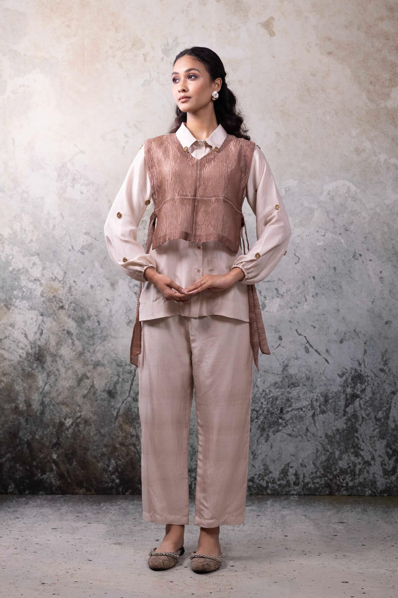 Ivory With Beige Bib Co-ord Set